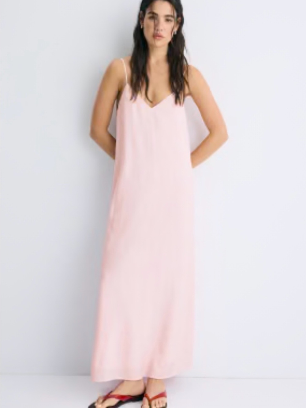 Light Pink V-Neck Maxi Slip Dress with Spaghetti Straps